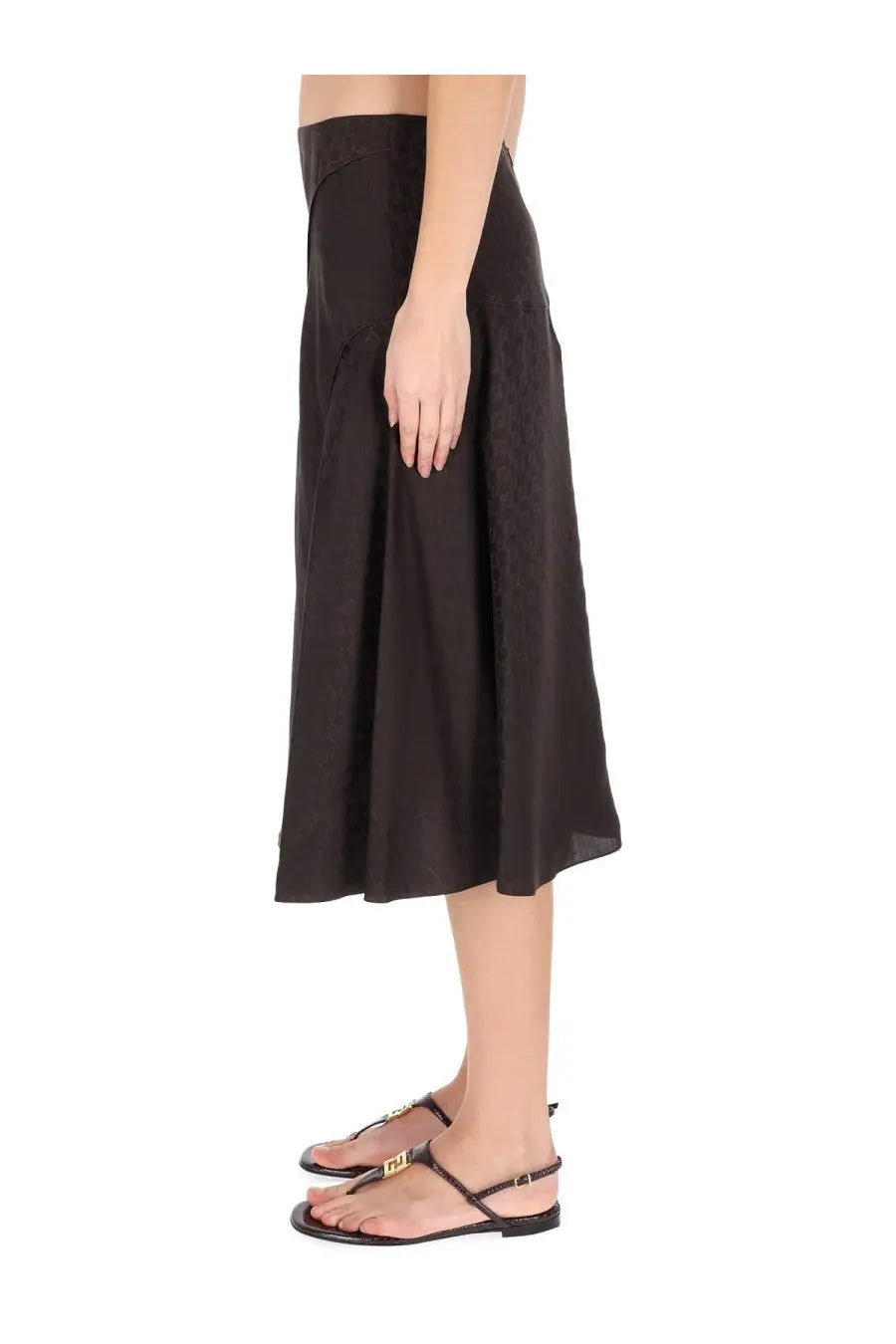 Fendi women’s brown ff silk skirt with high waist subtle pleats midi length in black satin material