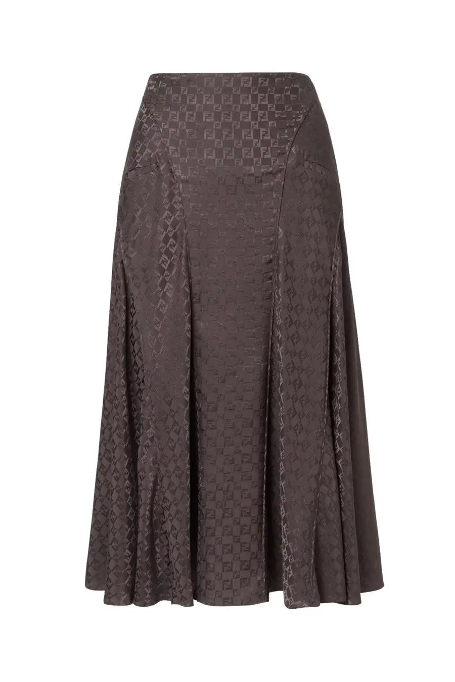 Fendi womens dark brown satin midi skirt with subtle repeating ff logo pattern in silk fabric