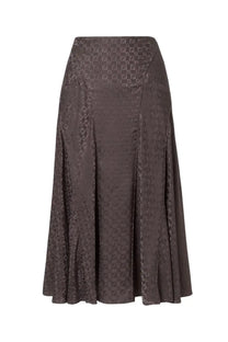 Fendi womens dark brown satin midi skirt with subtle repeating ff logo pattern in silk fabric