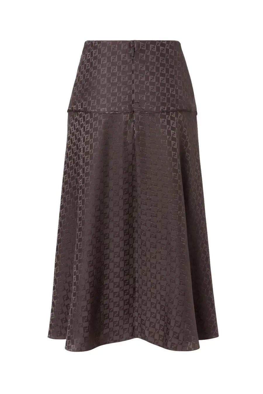 Brown fendi womens silk skirt with repeating dark monogram pattern made from smooth reflective fabric
