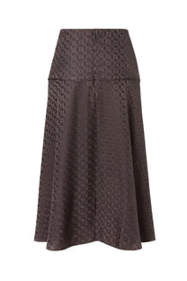 Brown fendi womens silk skirt with repeating dark monogram pattern made from smooth reflective fabric