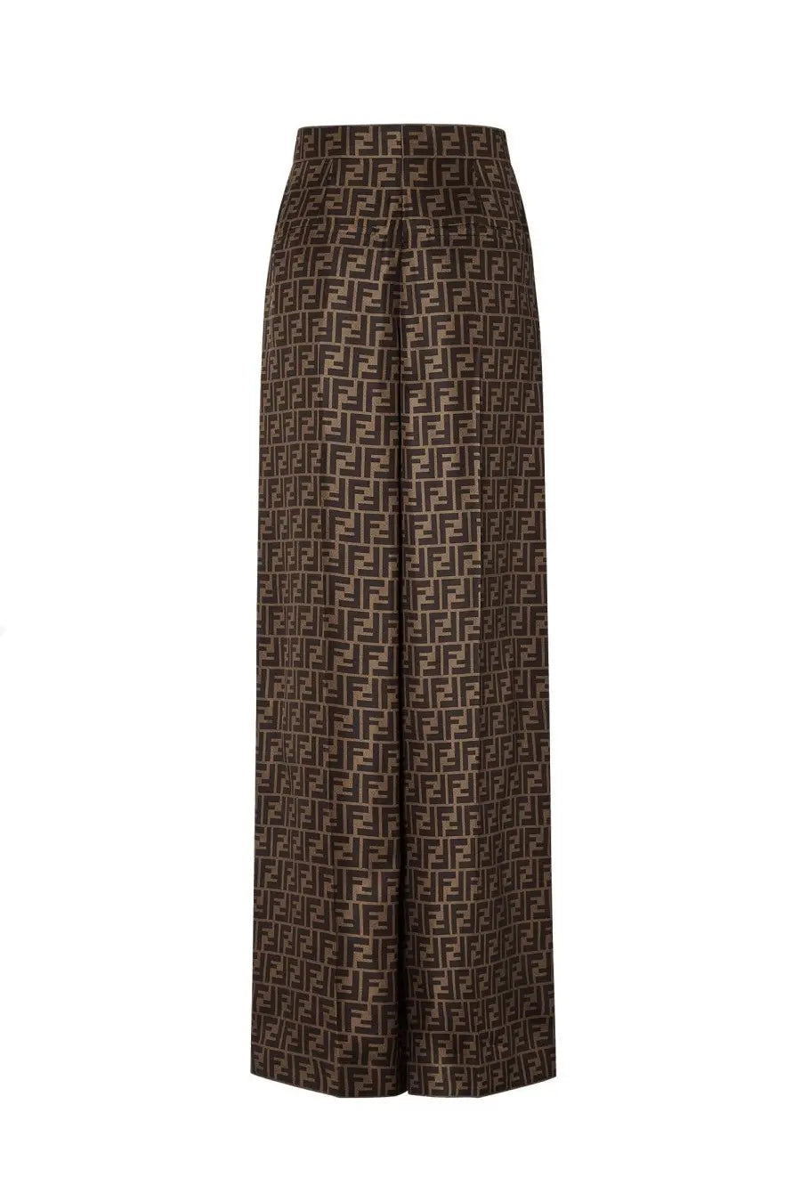 Brown Fendi women’s FF twill pants featuring a repeating monogram pattern in durable twill fabric
