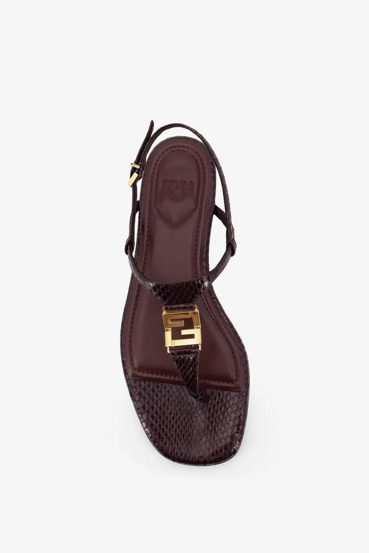 Fendi women’s black fold leather sandals featuring burgundy python-embossed leather and gold-tone ff logo buckle