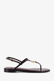 Fendi women’s black leather fold sandals with dark brown crocodile embossing and gold tone logo clasp