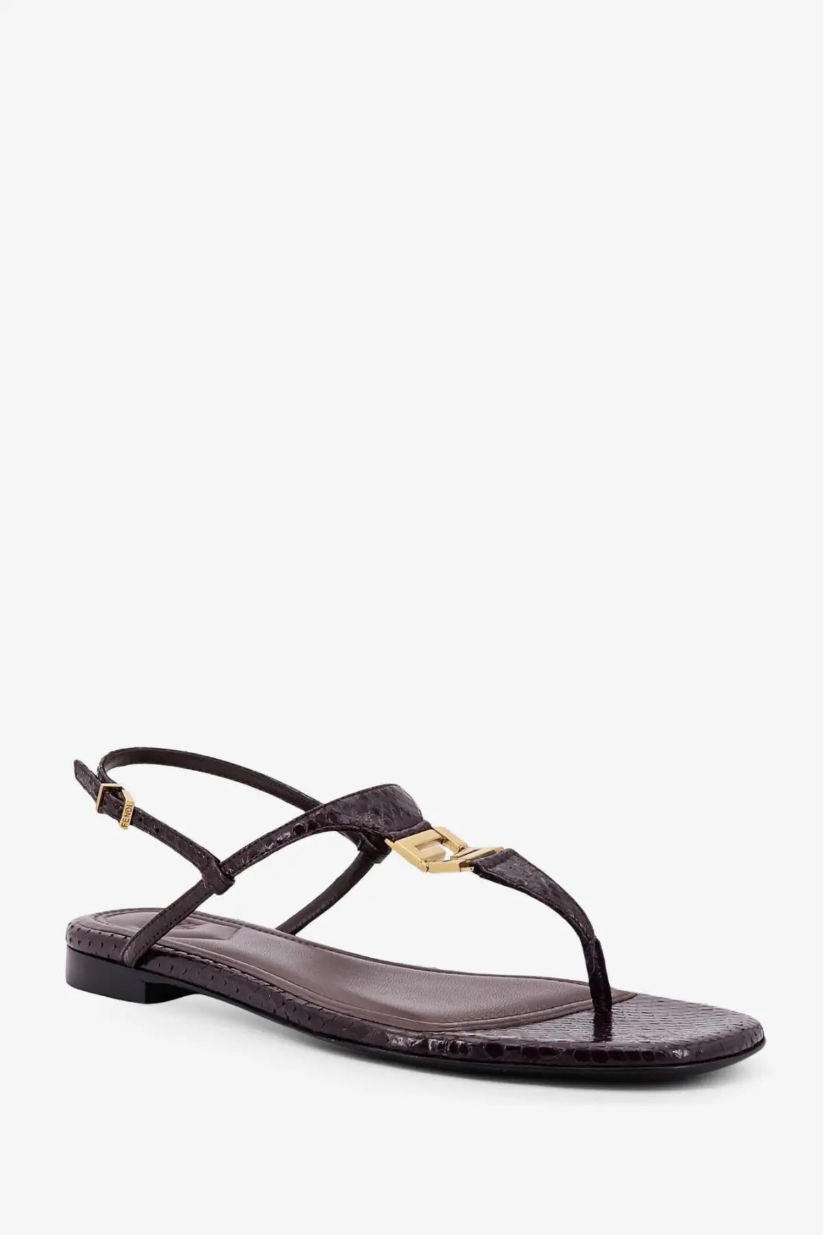 Fendi women’s black fold leather sandals with dark brown snake-print thong and gold-tone buckle detail