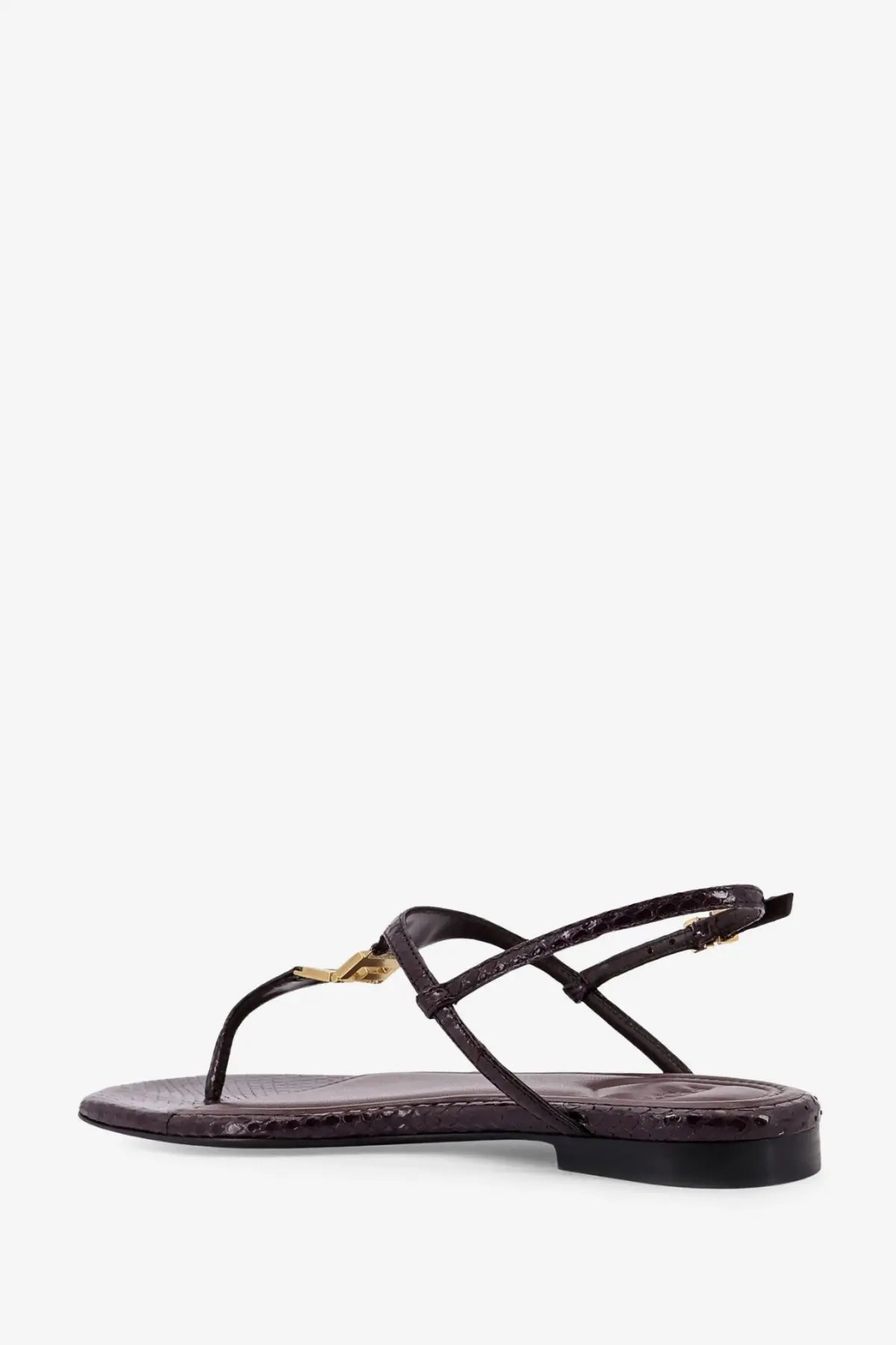 Fendi women’s black fold leather sandals with dark brown snake print and gold tone logo clasp thong design