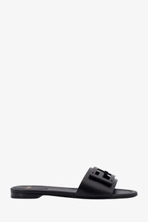 Black Fendi women’s leather slide sandal featuring a bold structured logo buckle for stylish comfort
