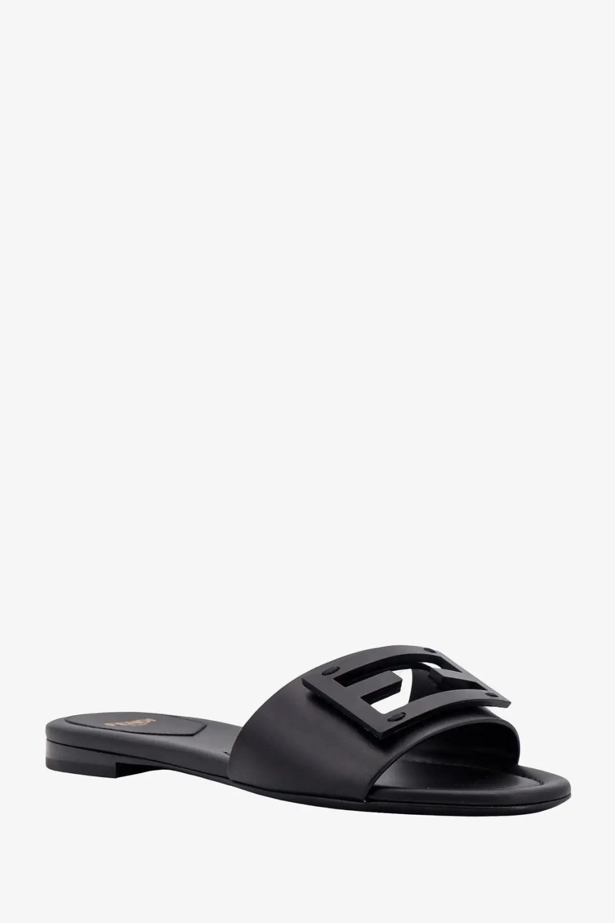 Fendi women’s black leather slide sandal with prominent logo buckle in a sleek baguette design