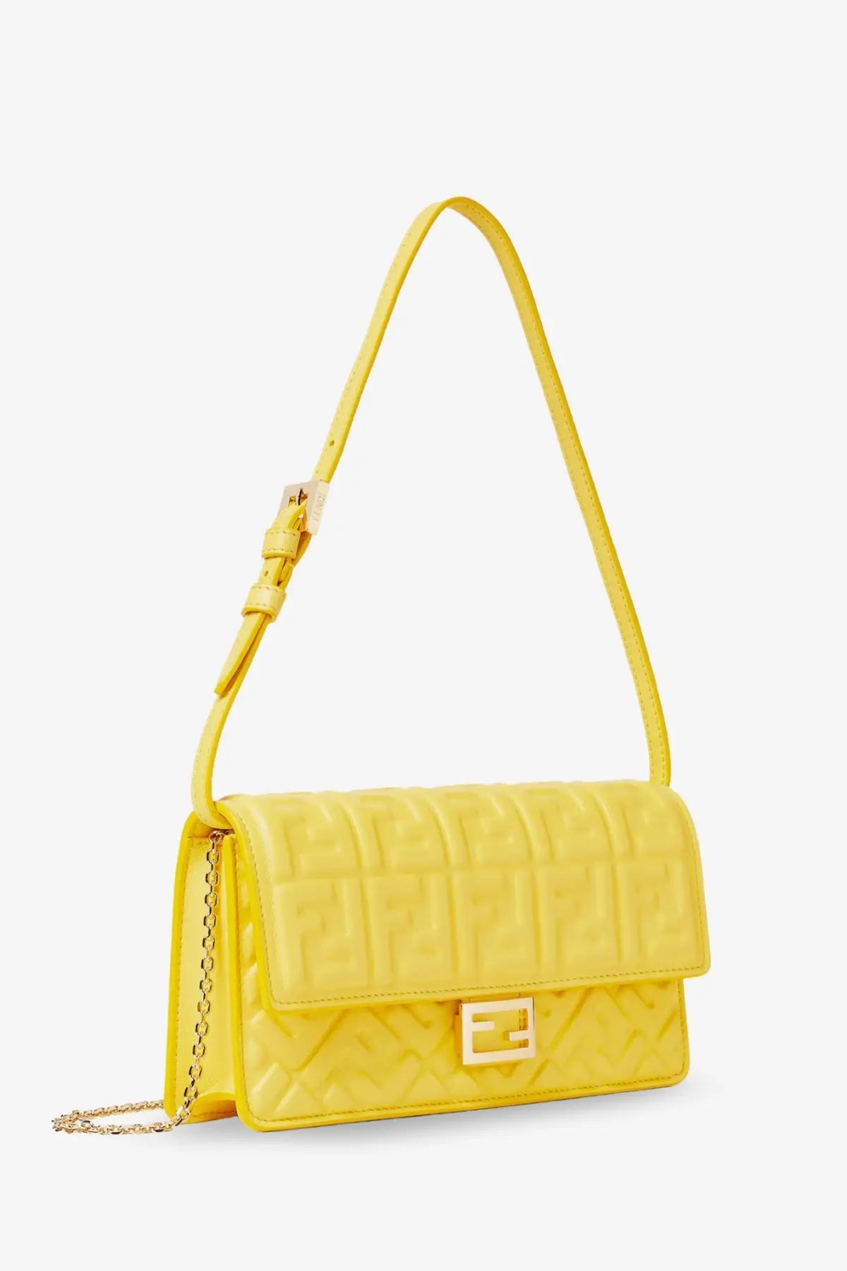 Bright yellow fendi leather wallet on chain baguette with quilted ff logo pattern and gold-tone hardware