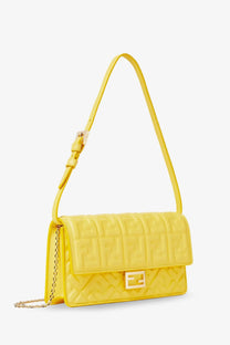 Bright yellow fendi leather wallet on chain baguette with quilted ff logo pattern and gold-tone hardware