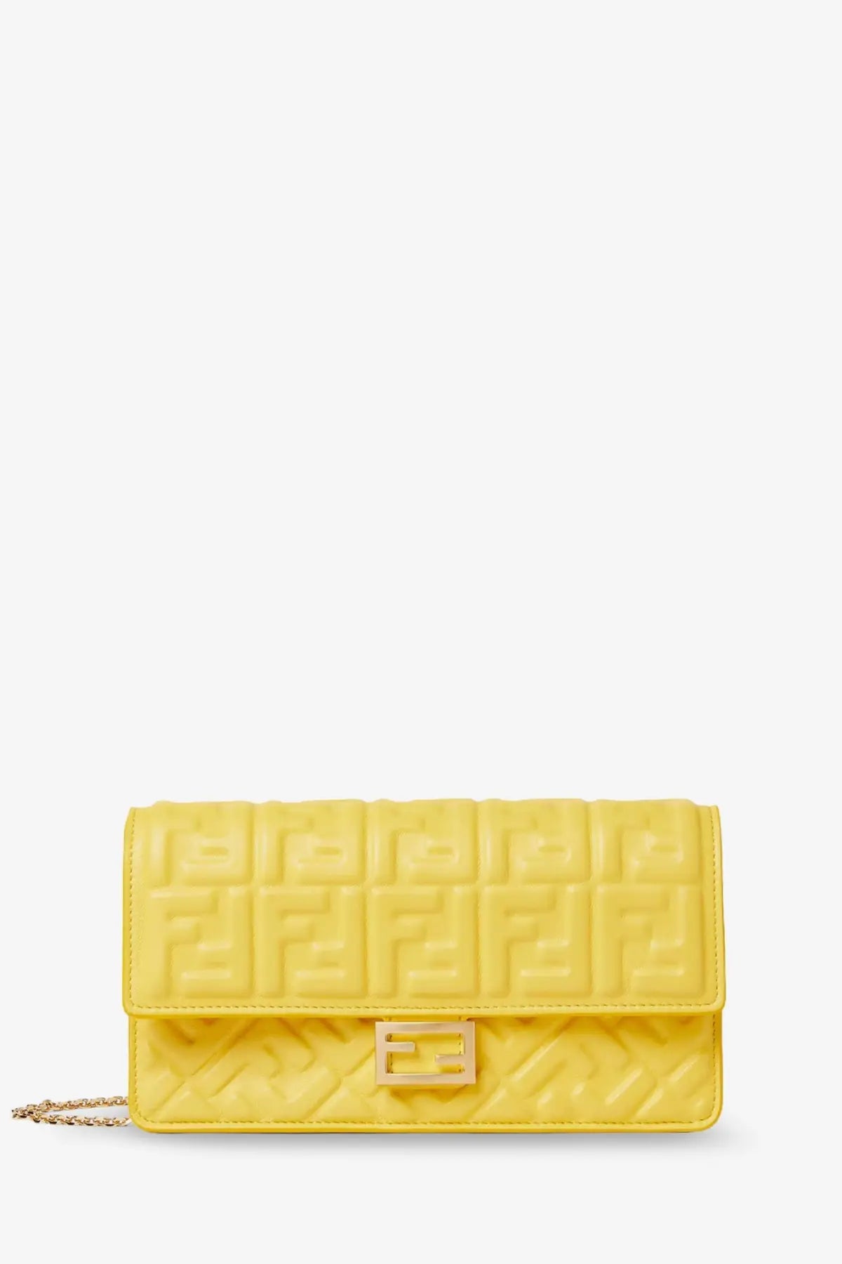 Bright yellow fendi clutch with quilted ff logo pattern and gold-tone metal clasp.