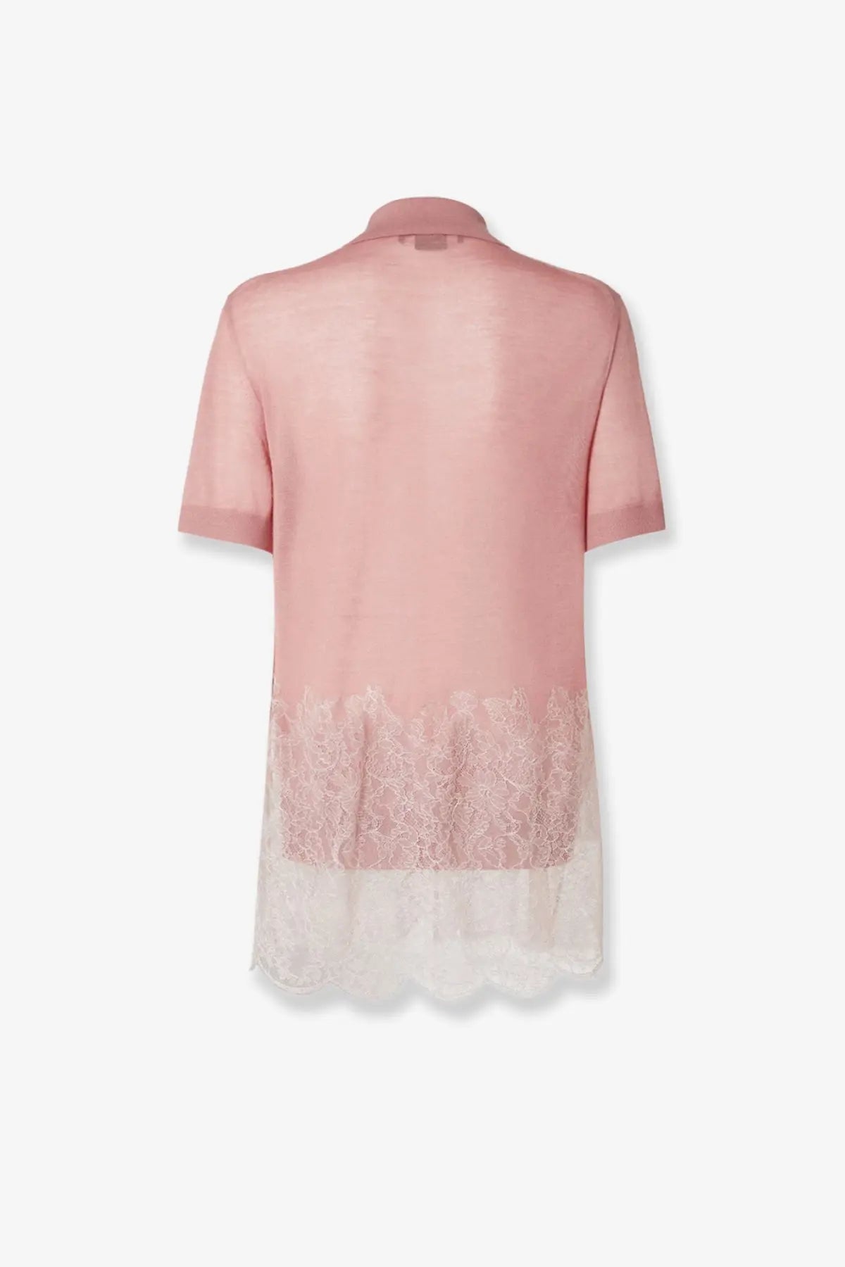 Fendi women’s blue cashmere and silk polo shirt with delicate pink short sleeves and lace detailing along the hem