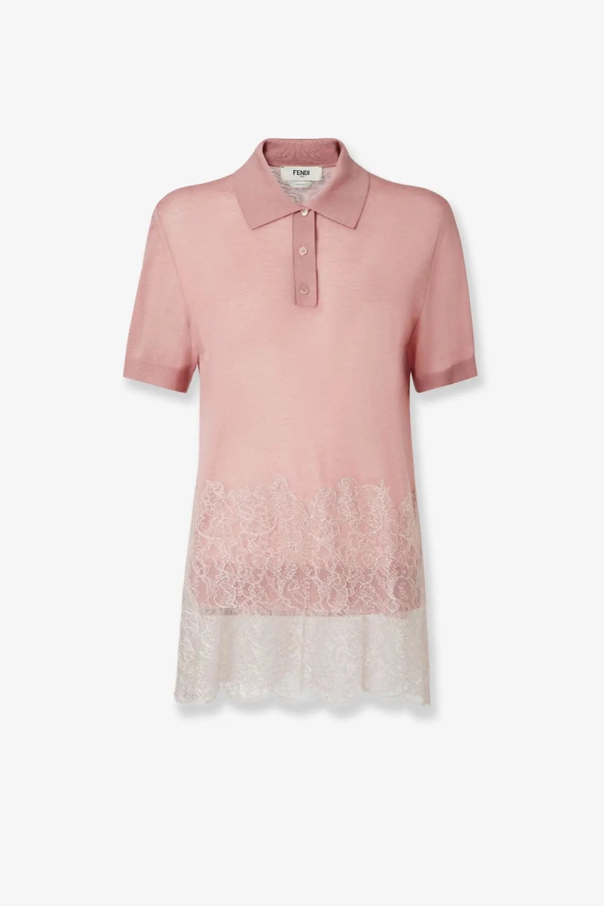 Fendi women’s lingerie cashmere and silk polo shirt in soft pink with delicate white and pale pink lace hem