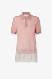 Fendi women’s lingerie cashmere and silk polo shirt in soft pink with delicate white and pale pink lace hem