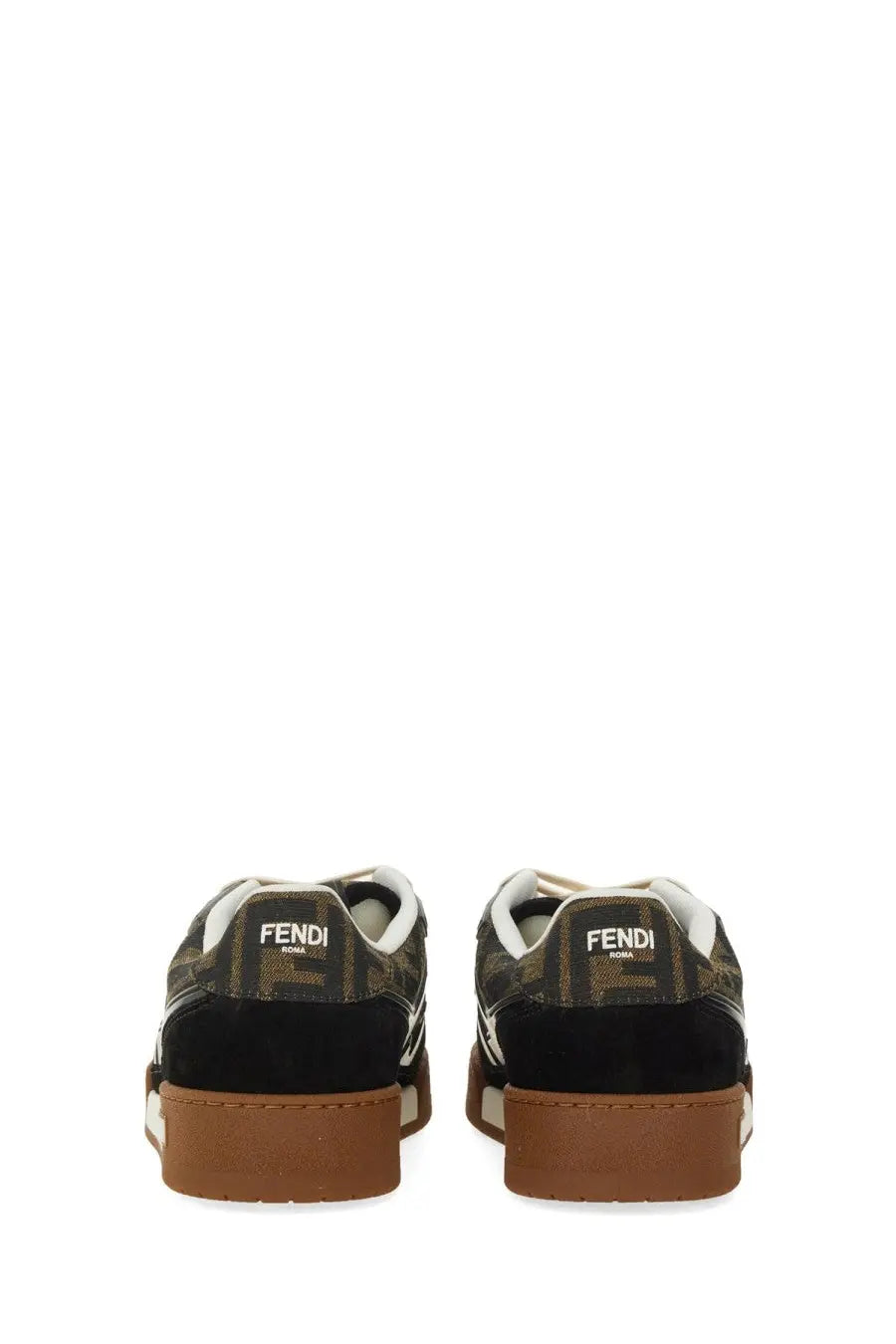 Fendi women’s low top sneaker match black with black and brown ff logo pattern white laces and tan rubber sole
