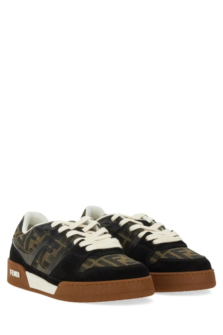 Fendi women’s low top sneakers in black with camouflage logo pattern, white laces, and brown rubber soles