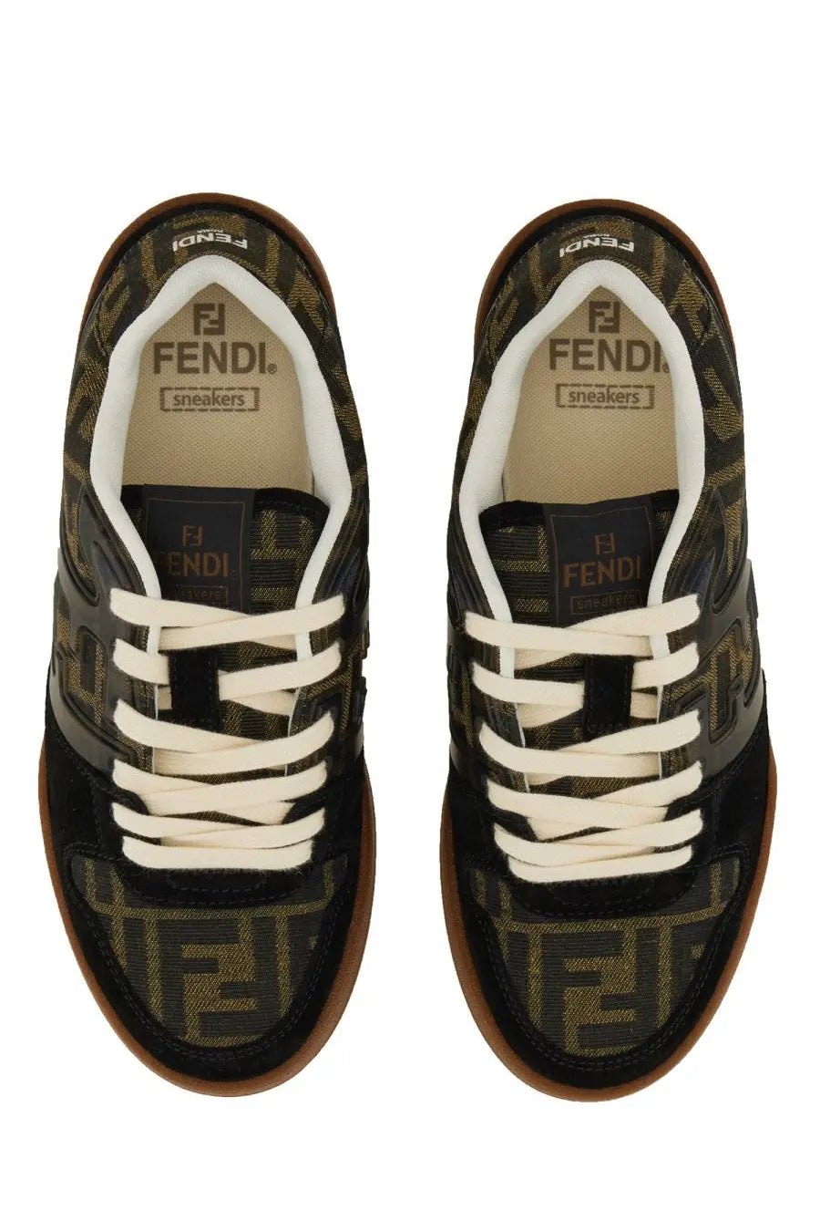 Fendi women’s low top sneaker match black with black and olive green ff logo pattern white laces and brown rubber soles