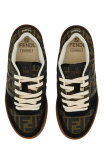 Fendi women’s low top sneaker match black with black and olive green ff logo pattern white laces and brown rubber soles
