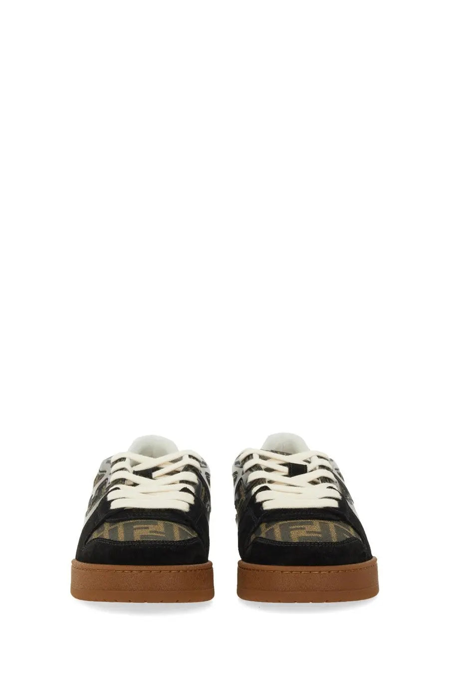 Fendi women’s low top sneaker match black with beige and black ff logo pattern white laces and tan rubber sole