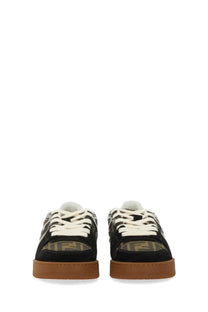 Fendi women’s low top sneaker match black with beige and black ff logo pattern white laces and tan rubber sole