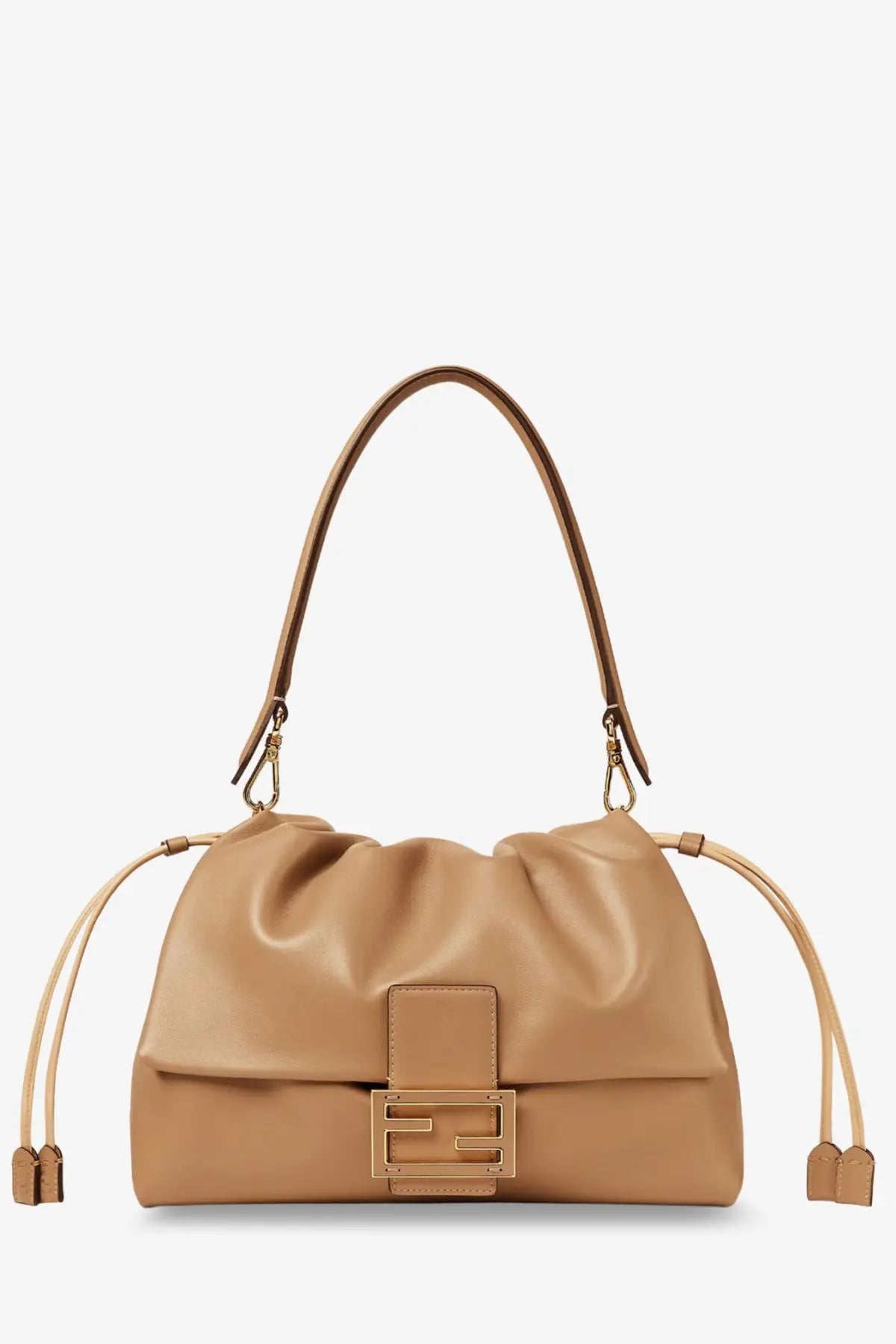 Tan leather fendi womens mamma baguette large shoulder bag with gold ff logo clasp and matching drawstring handles