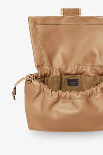 Fendi women’s mamma baguette large brown leather shoulder bag with tan leather and gold-tone drawstring closure hardware