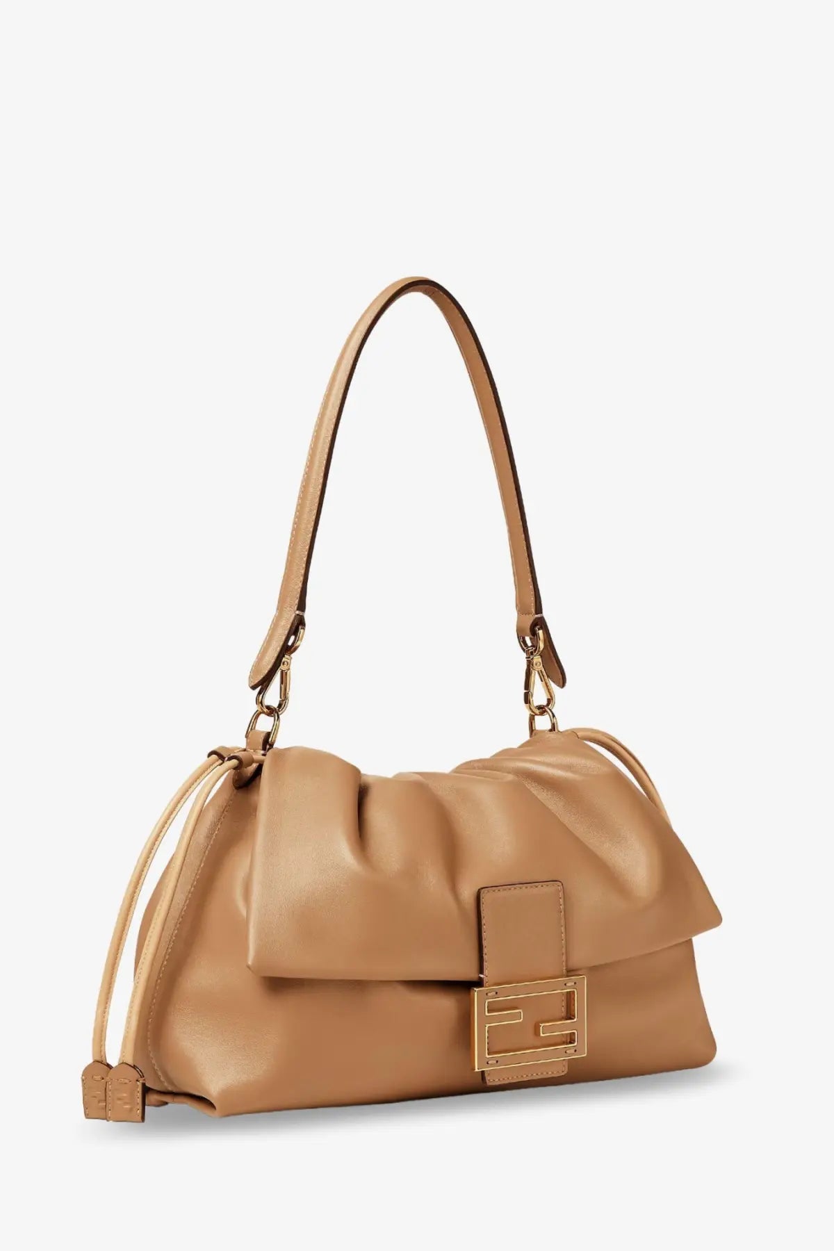 Fendi women’s mamma baguette large tan leather shoulder bag with gold-tone ff logo clasp and adjustable strap