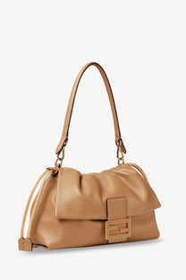 Fendi women’s mamma baguette large tan leather shoulder bag with gold-tone ff logo clasp and adjustable strap