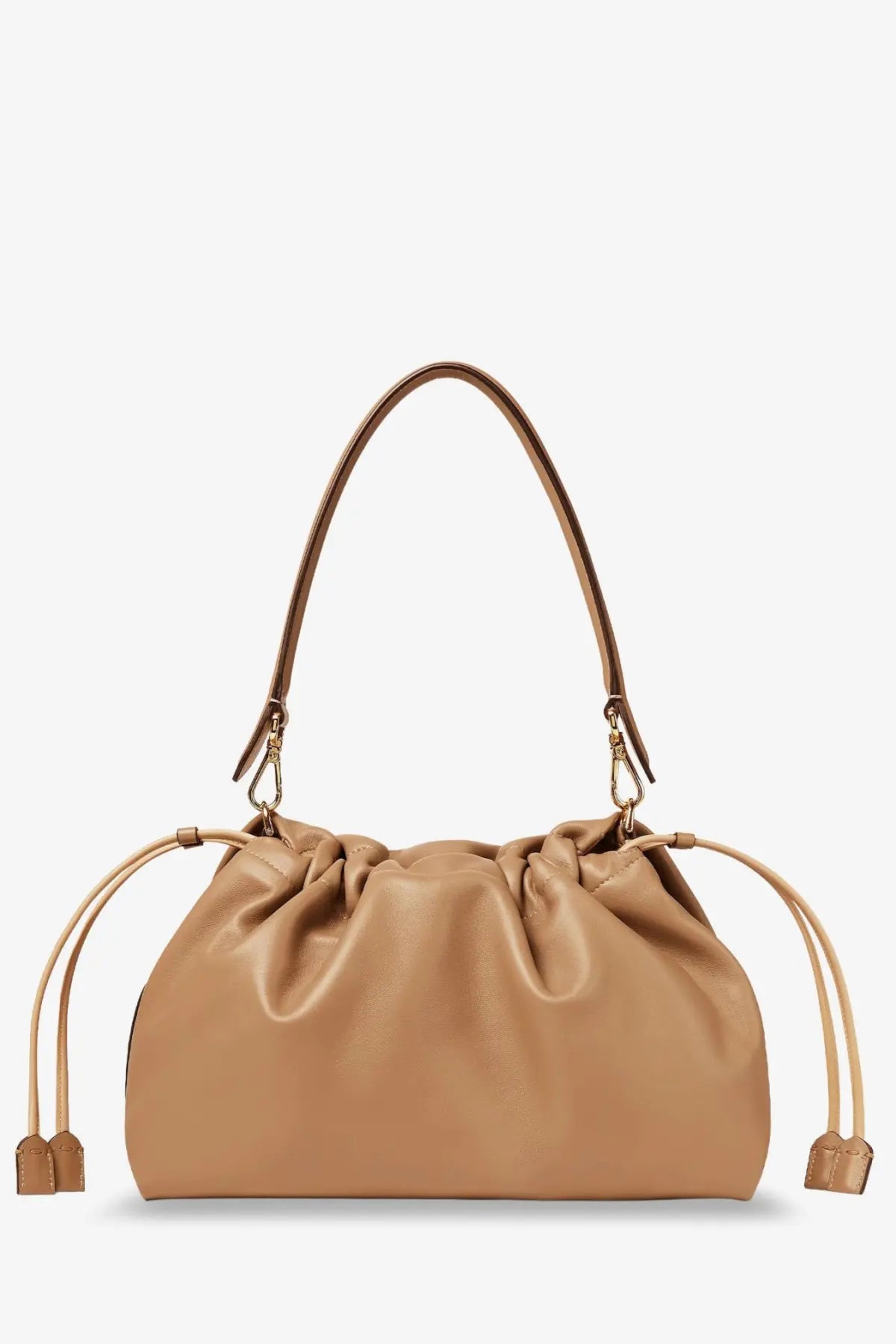 Fendi women’s mamma baguette large tan leather shoulder bag with drawstring and gold tone hardware
