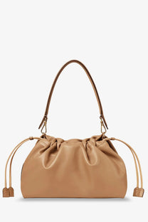 Fendi women’s mamma baguette large tan leather shoulder bag with drawstring and gold tone hardware