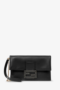 Fendi women’s mamma baguette black leather crossbody bag with silver logo clasp and chain strap
