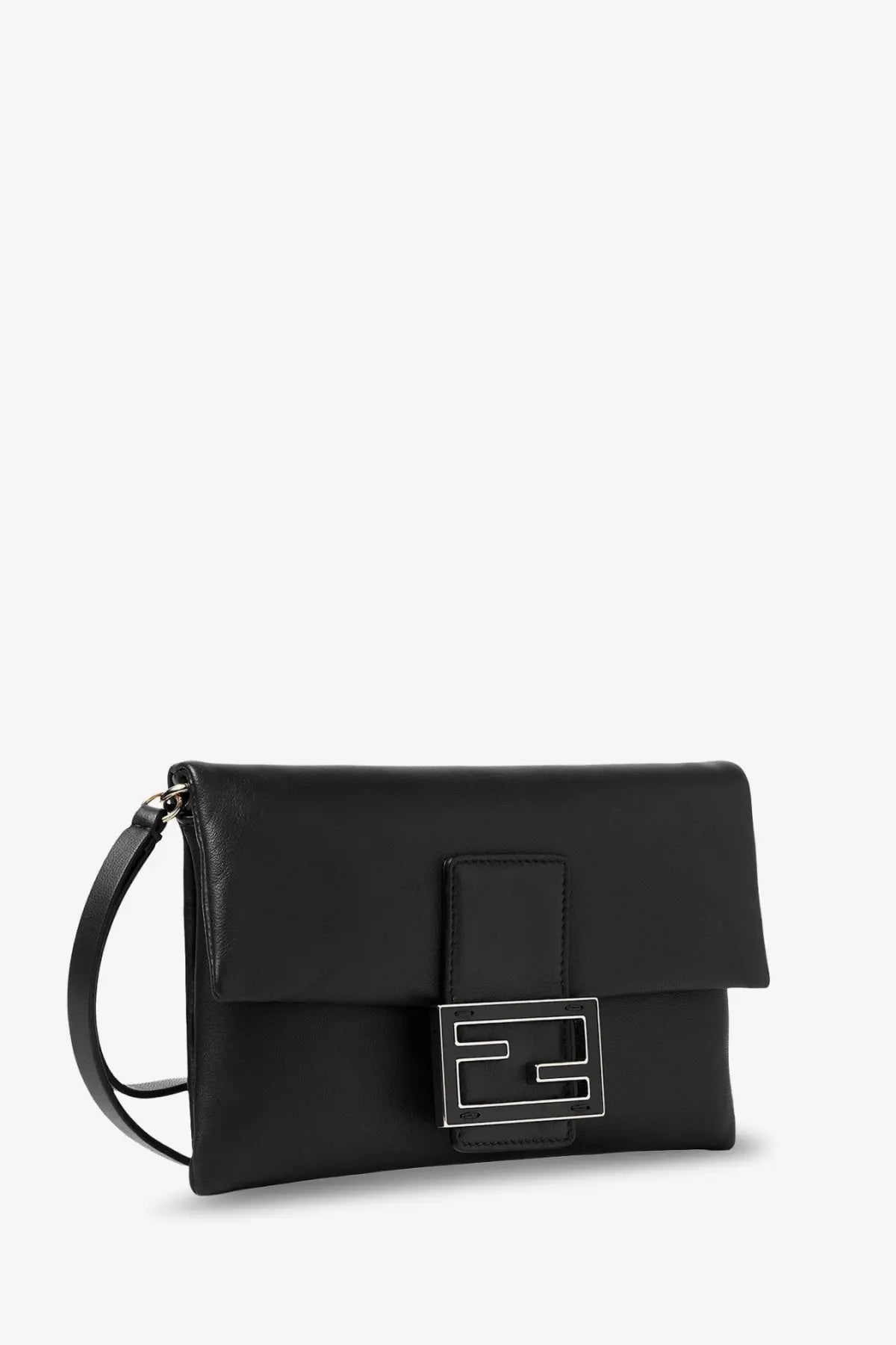 Fendi women’s mamma baguette black leather crossbody bag with silver ff logo clasp and adjustable shoulder strap