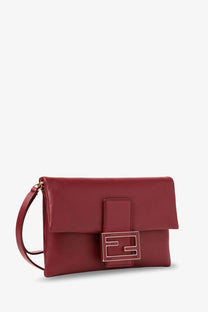 Fendi womens mamma baguette leather crossbody bag in rich burgundy with gold-tone f-logo clasp and adjustable strap