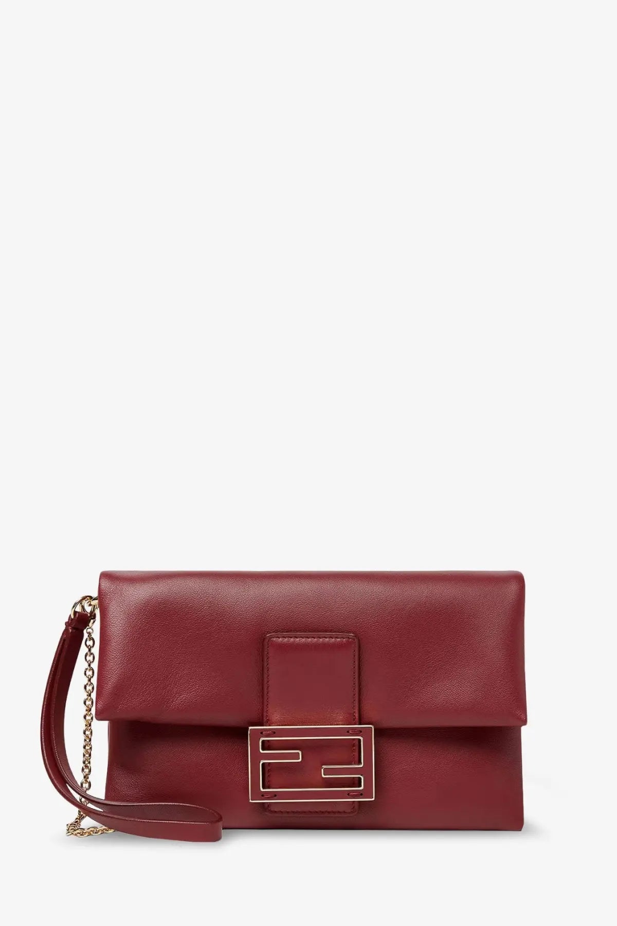 Fendi women’s mamma baguette leather crossbody bag in rich burgundy with gold-tone f-logo clasp and matching chain strap