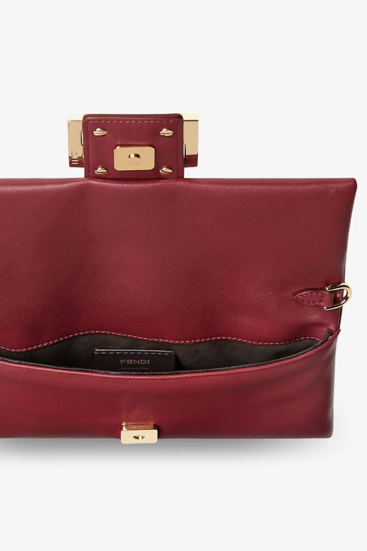 Fendi women’s mamma baguette rich burgundy leather clutch with gold-tone hardware and rectangular clasp