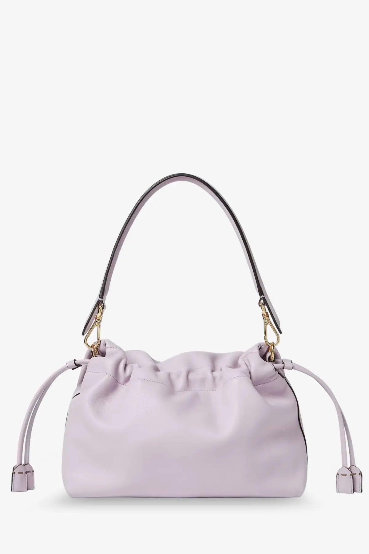 Fendi women’s mamma baguette medium leather crossbody bag in soft lavender leather with drawstring closure and gold hardware