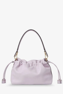 Fendi women’s mamma baguette medium leather crossbody bag in soft lavender leather with drawstring closure and gold hardware