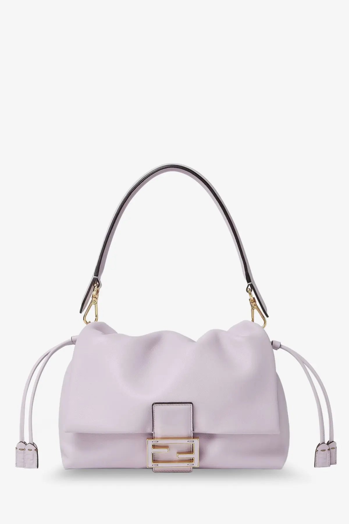 Light lavender fendi womens mamma baguette medium leather crossbody bag with structured puffy silhouette and gold ff clasp
