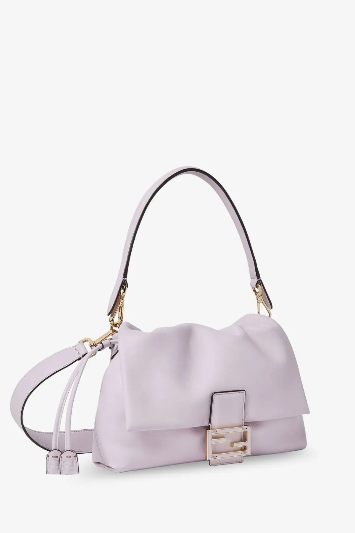 A pale lavender fendi womens mamma baguette medium leather crossbody bag with structured puffy body and gold hardware