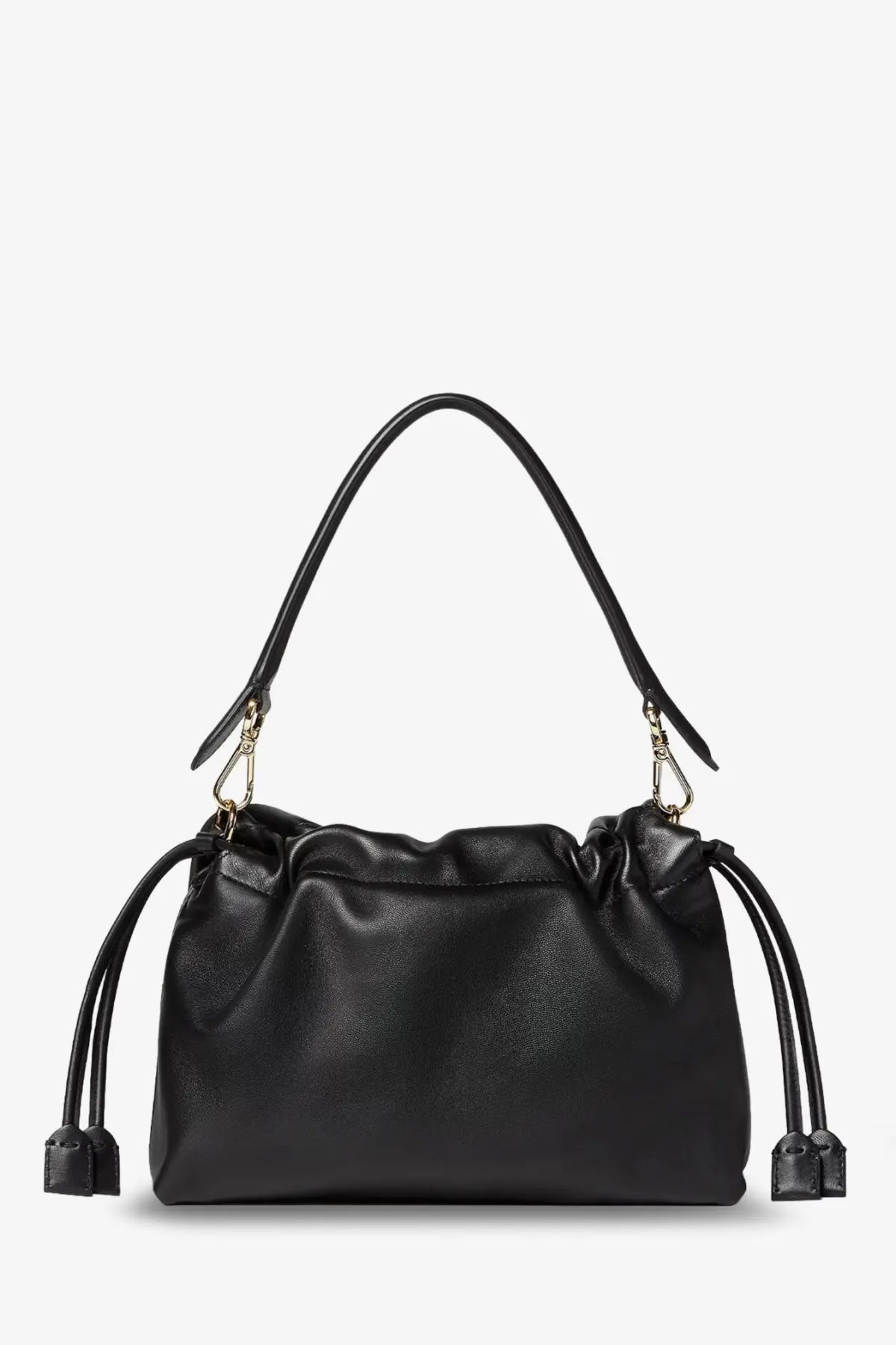 Fendi women’s mamma baguette medium black leather drawstring handbag with gold hardware and dual shoulder straps