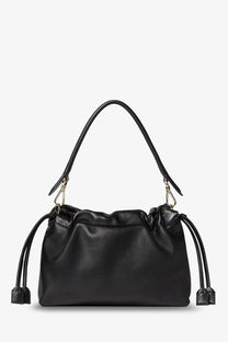 Fendi women’s mamma baguette medium black leather drawstring handbag with gold hardware and dual shoulder straps