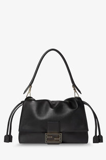 Fendi women’s mamma baguette medium black leather crossbody bag with textured body and gold-tone ff logo clasp