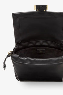 Fendi women’s mamma baguette medium leather crossbody bag in black with gold tone hardware and minimalist design