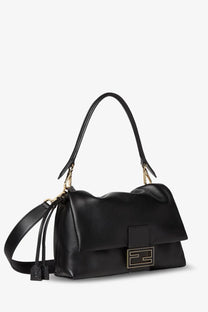 Fendi women’s mamma baguette medium black leather crossbody bag with gold-tone logo clasp and detachable shoulder strap