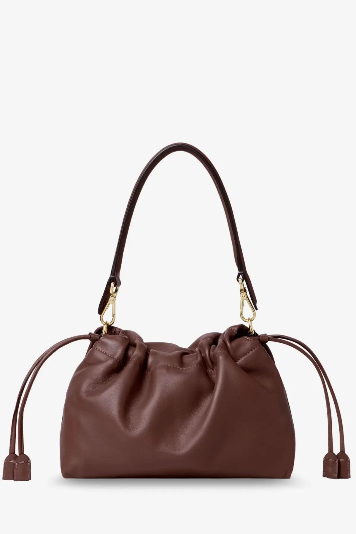 Fendi womens mamma baguette medium crossbody bag in mogano brown leather with soft drawstring closure and gold hardware