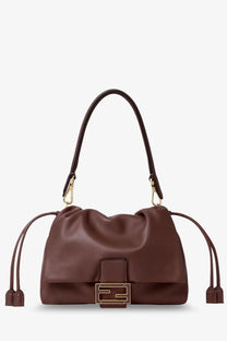 Brown leather Fendi mamma baguette medium crossbody bag with gold-tone logo clasp and matching drawstring handles