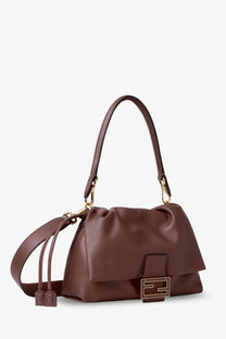 Fendi women’s mamma baguette medium leather crossbody bag mogano brown leather with gold-tone logo clasp and strap