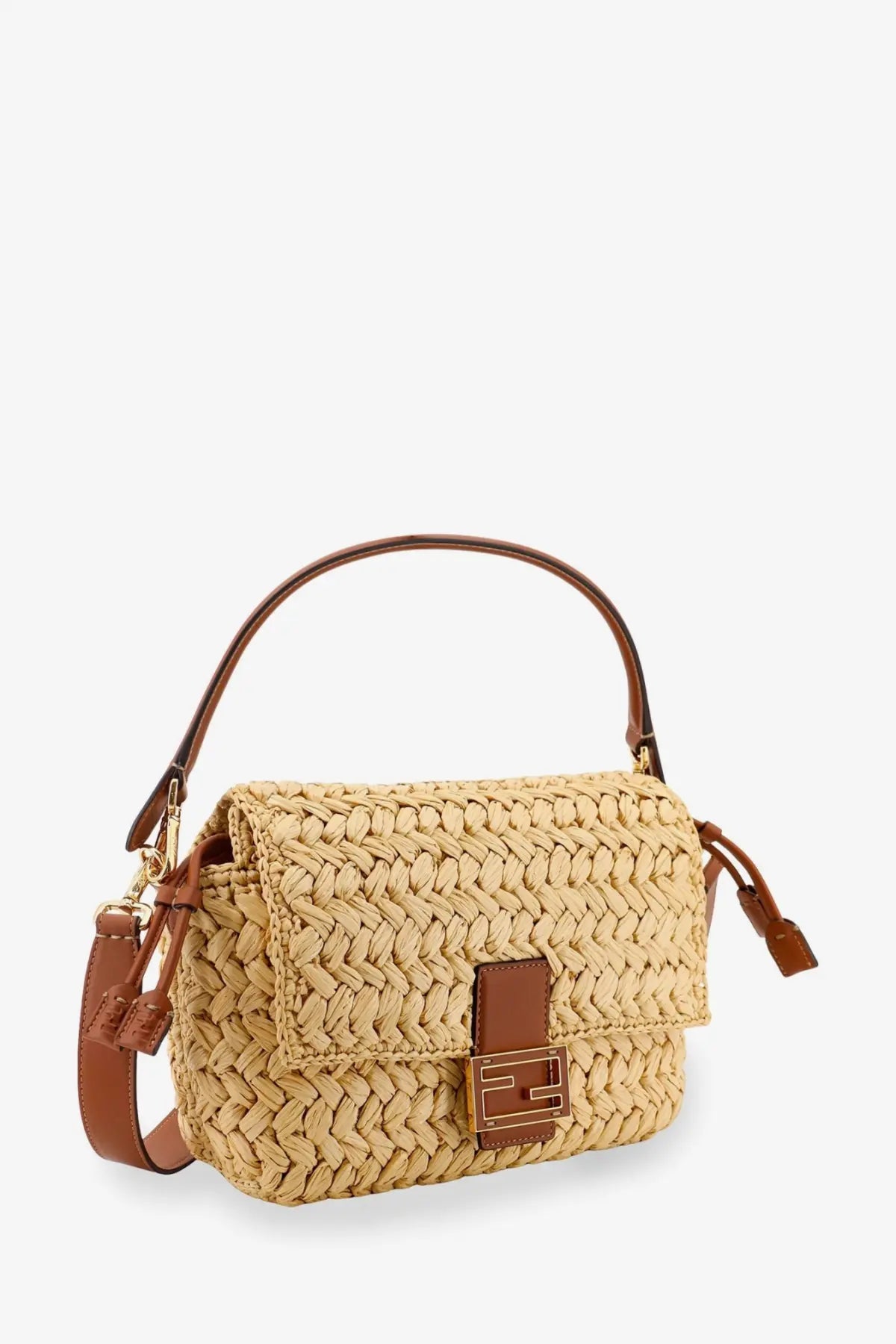 Beige woven straw Fendi women’s mamma baguette medium raffia crossbody bag with brown leather handle and logo clasp