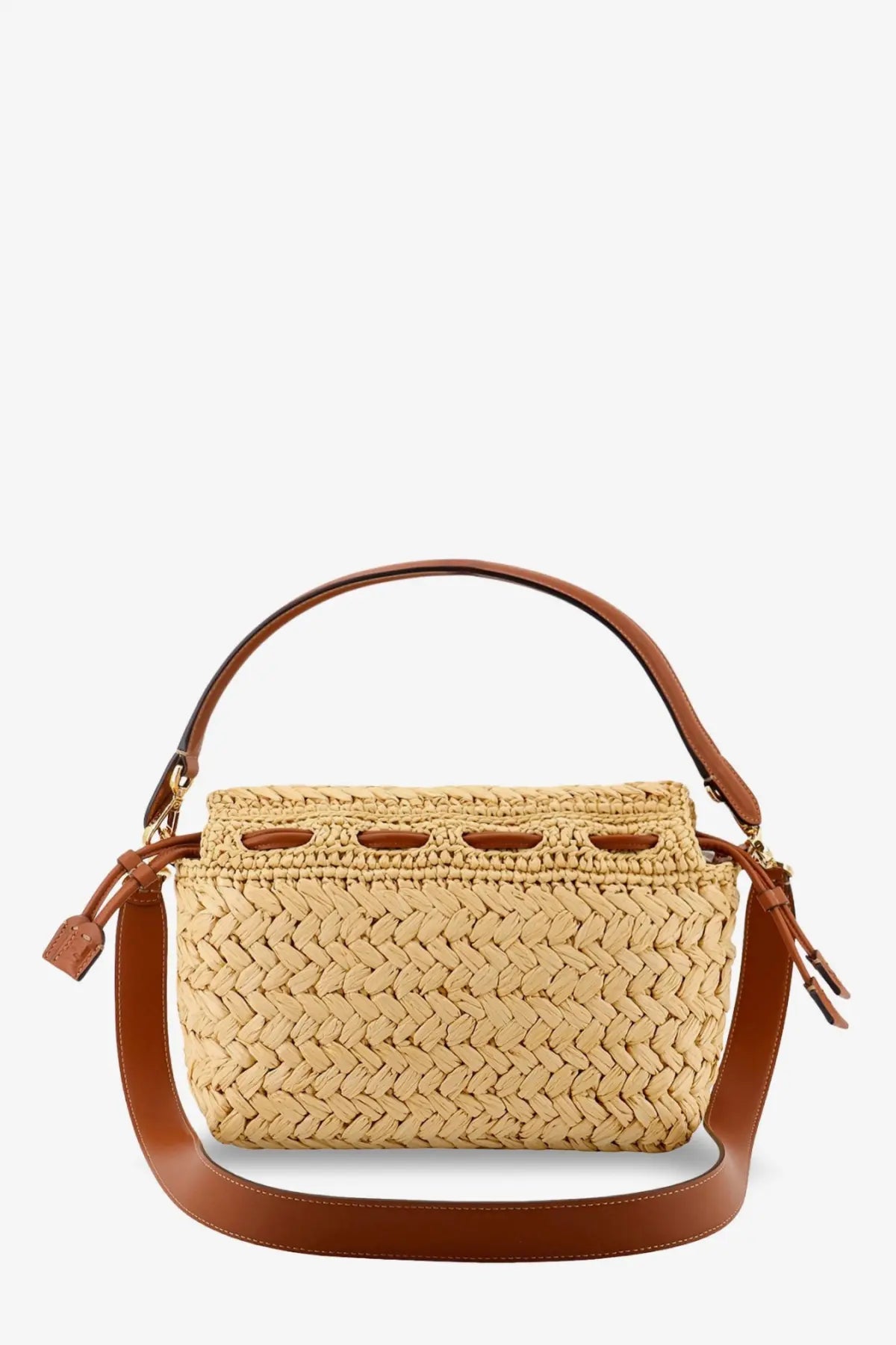 Fendi women’s mamma baguette medium raffia crossbody bag in beige woven straw with brown leather handles and strap