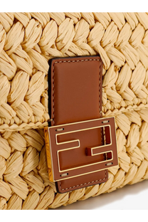 Fendi women’s mamma baguette medium raffia crossbody bag tan woven straw with brown leather flap and gold interlocking ff clasp